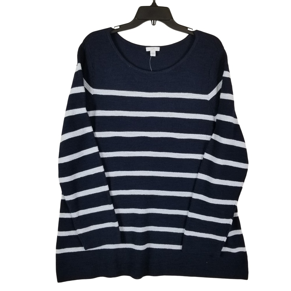 J. Jill Sweater Women XL Navy Blue White Striped Cotton Blend Scoop Pullover